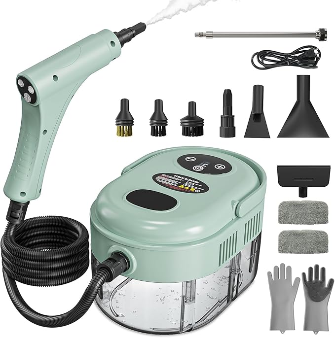 Steam Cleaner Handheld Steam Cleaner with 6 Levels Adjustable Handle 1.5L Water Tank Steamer for Cleaning Portable Steam Cleaner for Home Car Furniture Couch Bed Bugs (Green)