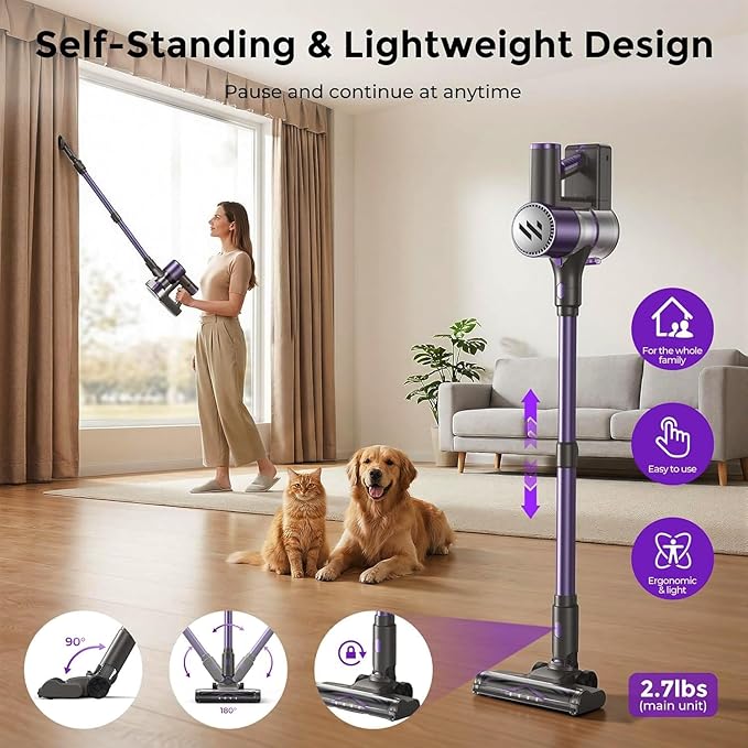 Cordless Vacuum CleanerVacuum Cleaner for Home with Brushless MotorLightweight Stick Vacuum with Self-Standing and Touch ScreenHardwood Floor Vacuum for Pet HairCarpetsTile(Deep Purple)