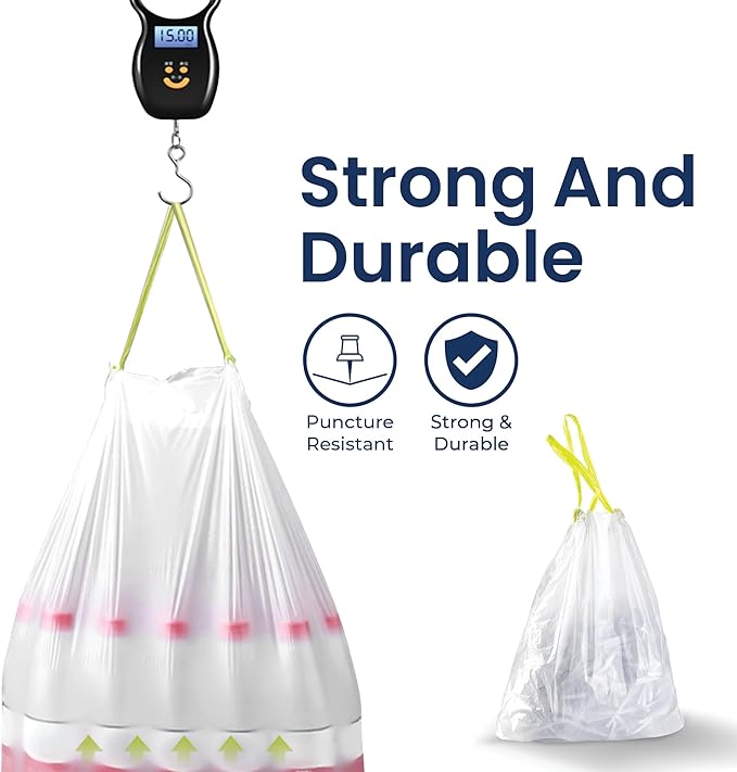 Ninestars Extra Strong Trash Bags with Drawstring Multiple Sizes 90 Count Kitchen Drawstring trash bags 90 Trash Bags (10 Gallon 90 ct White)
