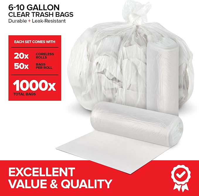 Stock Your Home Clear Trash Bags – 6-10 Gallon (1000 Pack) – Disposable Leak-Resistant Garbage Can Liners for Office Bathroom Deli Produce Dog Poop Cat Litter