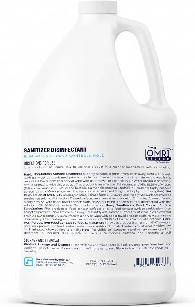 BRIOTECH Sanitizer Disinfectant Hypochlorous Kill 99.99% of Viruses &amp Bacteria Control Mold Eliminate Odor Gentle for Nursery &amp Play Rooms Food Contact Surface Sanitizer 1 Gallon Refill