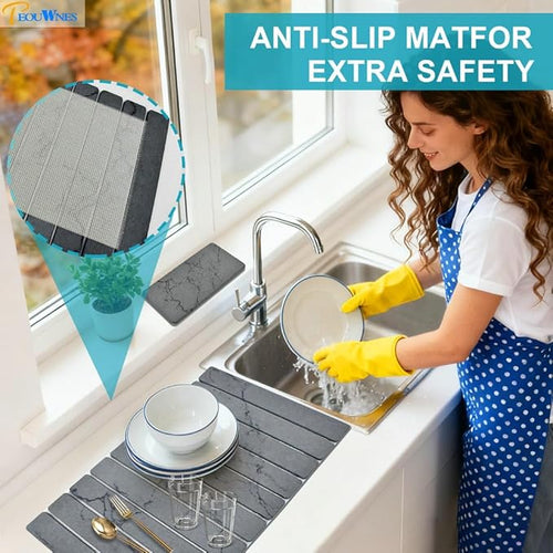 2 PCS Diatomaceous Stone Drying Mat for Kitchen Counter Quick Dry Collapsible Stone Dishes Mats Marbled Absorbent Bath Mat for Countertop Bottles Utensils Cups Dark Gray 24×16 &amp 8x4