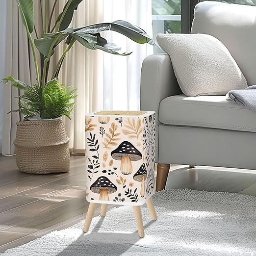 Small Trash Can with Lid Mushroom Seamless Boho Black Brown Mushroom Forest Vintage Mushrooms 2.6 Gallon/10L Garbage Can Waste Bin with Pop-Up Lid Wood Legs Wastebasket for Bathroom Kitchen Bedroom