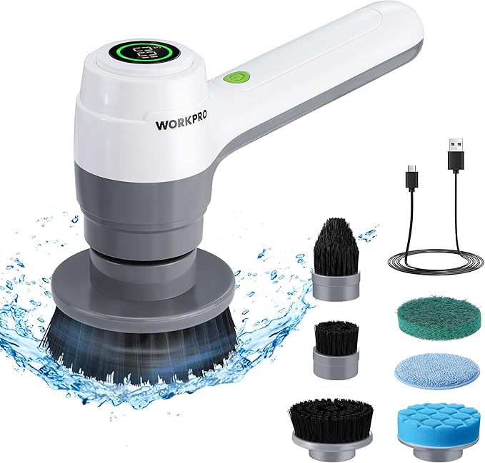 WORKPRO 8V Electric Spin Scrubber 3-Speed Adjustable Shower Scrubber with 6 Replaceable Brush Heads IPX6 Waterproof Electric Scrubber for Cleaning Bathroom Kitchen Sinks and Windows
