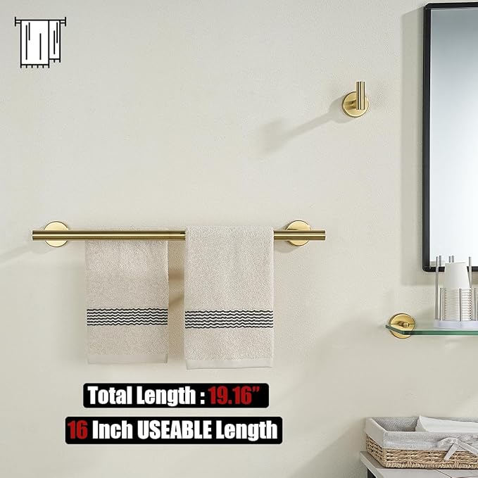 JQK Gold Double Towel Bar 19 Inch 304 Stainless Steel Thicken 0.8mm Towel Rack Bathroom Towel Holder Brushed Gold Wall Mount Useable Length 16 Inch TB100L16-BG