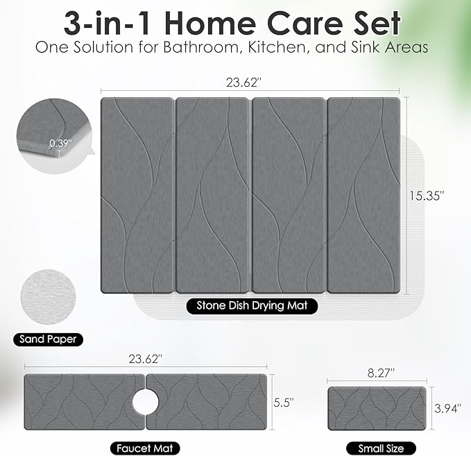 3 PCS Large Stone Dish Drying Mat for Kitchen Counter -24x16 Absorbent Diatomaceous Earth Mat with Stone Faucet Mat &amp Soap Tray - Quick Dry Collapsible Non-Slip Countertop Organizer