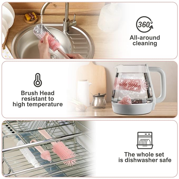 6 in 1 Baby Bottle Cleaner Set with Drying RackSilicone Baby Bottle BrushStraw BrushNipple BrushSoap Dispenser and Storage Box Portable Baby Essentials for Home&ampTravel(Pink)