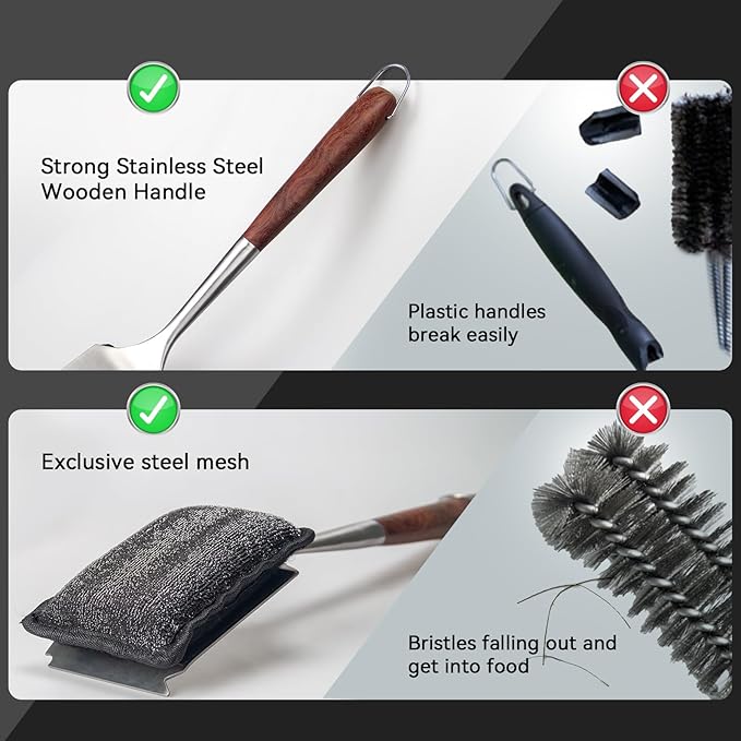Bristle-Free Steam Cleaning Grill Brushwith Extended Luxurious Rosewood Handle and 1 Replacement HeadBBQ Grill Cleaning Brush KitSafe Grill Cleaner for Outdoor GrillGifts for Men/Dad
