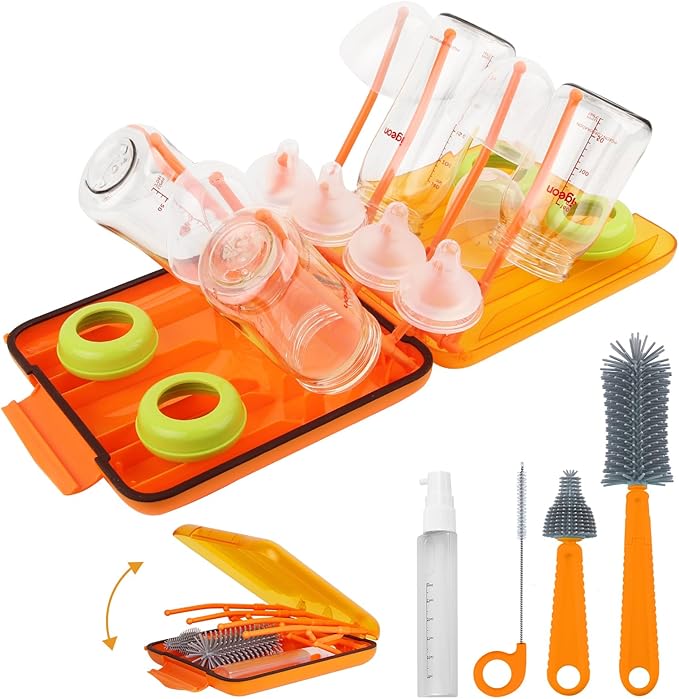 Bottle Brush Cleaner Kit with Baby Bottle Drying Rack Exendable Silicone Bottle Brush Nipple Brush Straw Brush Soap Dispenser &amp Storage Box. Compact Size for Babies and Moms