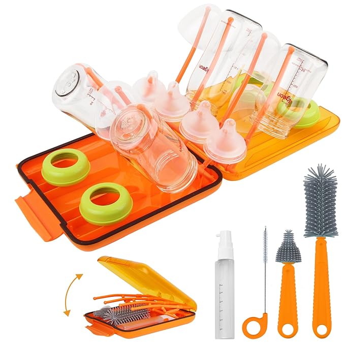 Rrwin Bottle Brush Cleaner Kit with Baby Bottle Drying Rack Exendable Silicone Bottle Brush Nipple Brush Straw Brush Soap Dispenser &amp Storage Box. Compact Size for Babies and MomsOrange