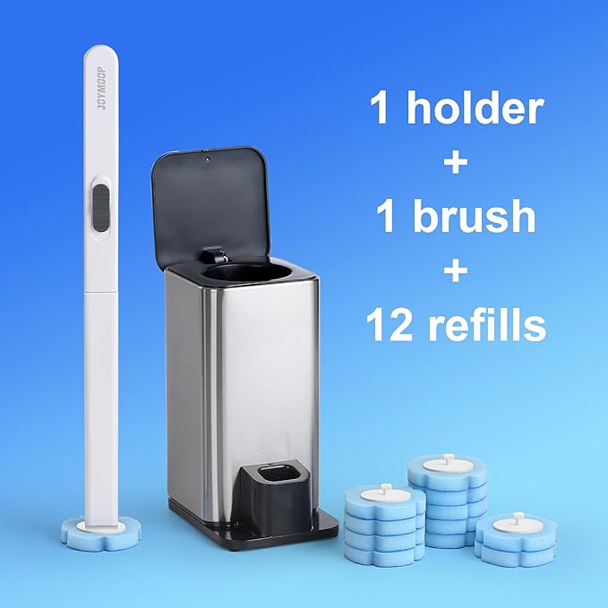 JOYMOOP White Flat Mop &amp Bucket with 1 Microfiber Pad 12 Disposable Toilet Brushes Stainless Steel Toilet Brush and Holder Set Multi-Functional Cleaner for Floors Windows and Toilets