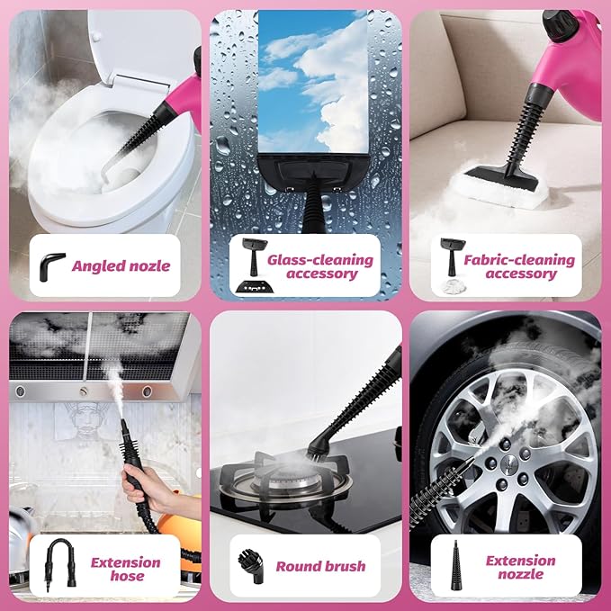 KIATO Handheld Steam Cleaner Hand Held Steamer for Cleaning Home Portable Pressurized Steamers for Upholstery Furniture Sofa Couch Floor Tile Grout Bathroom Pink SC23