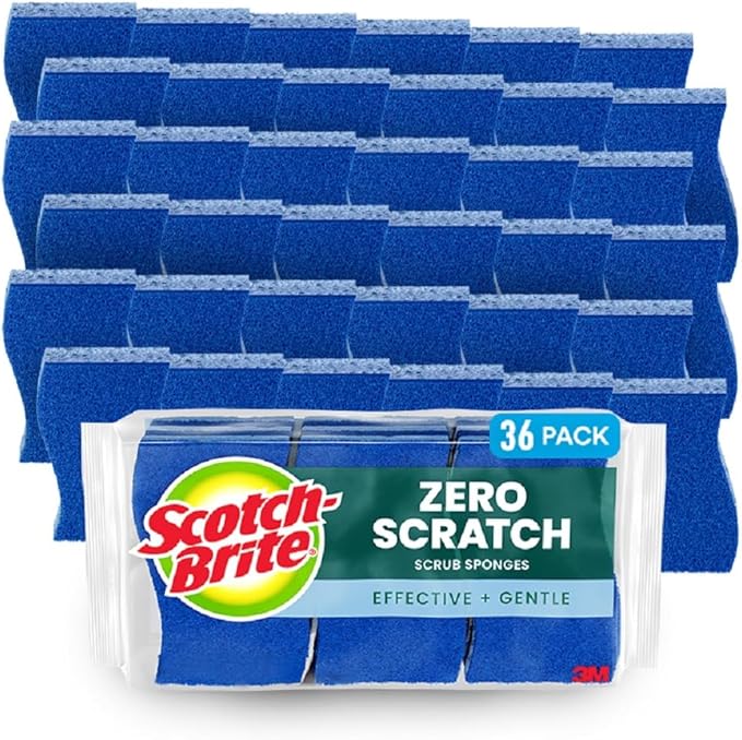 Scotch-Brite Zero Scratch Non-Scratch Scrub Sponges Sponges for Cleaning Kitchen Bathroom and Household non-scratch Sponges Safe for Non-Stick Cookware 36 Scrubbing Sponges