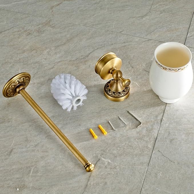 Leyden Antique Brass Toilet Brush Holder Retro Toilet Brush Organizer with Ceramic Cup