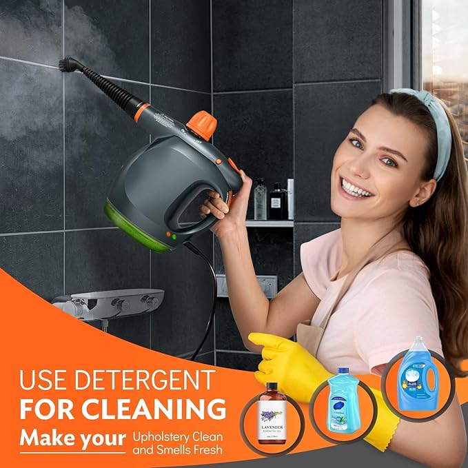 1250W Powerful Handheld Steam Cleaner with Detergent Container &amp Safety Lock + NixtClean EM-317 Window/Door Cleaning Tool Bundle - Multifunctional Pressurized Hand Held Steamer for Kitchen/Bathroo
