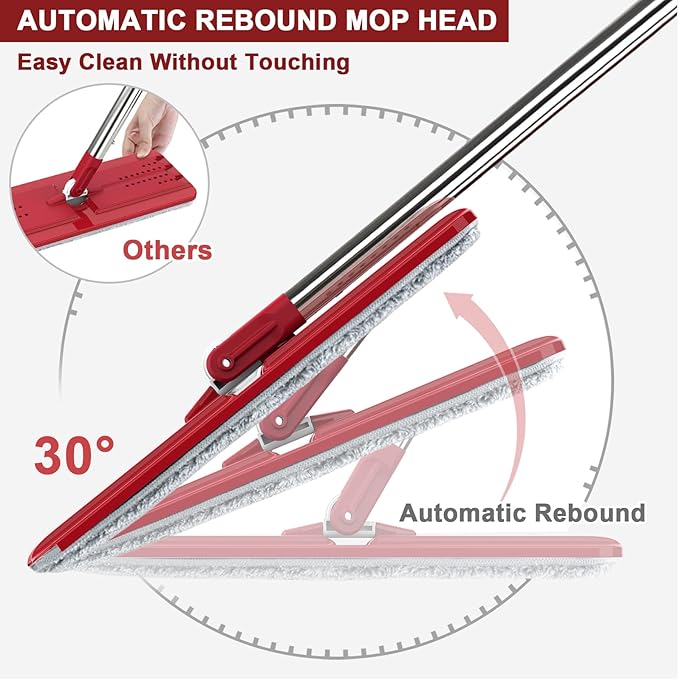 Hands-Free Mop and Bucket Set with 3 Washable Pads Wet/Dry Floor Cleaning System Red/Black
