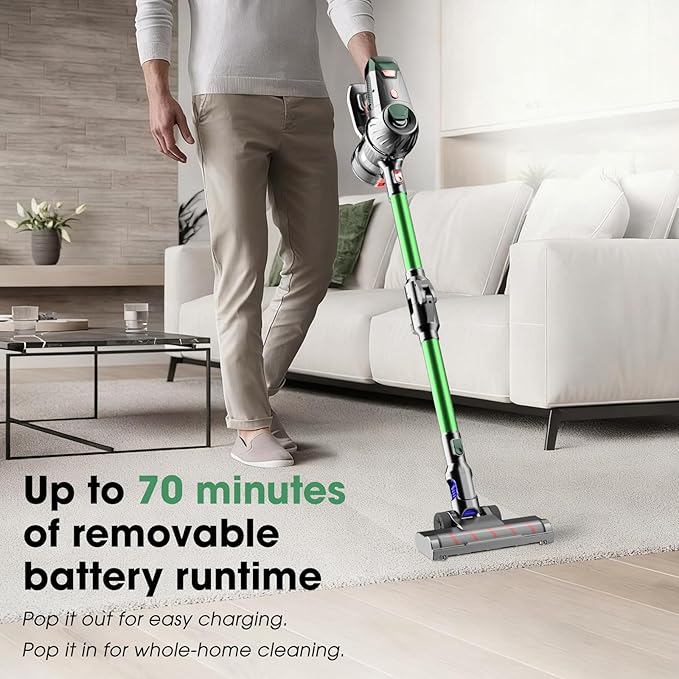 Cordless Vacuum Cleaner Upgraded 15KPA 70 Minutes Powerful Suction Rechargeable Lightweight 180° Bendable Cane Vacuum Cleaner for Home/Pet Hair/Carpet/Floor