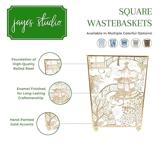Jaye’s Studio Garden Party Decorative Gold Waste Basket for Bathroom Trash Can no Lid Bedroom Garbage Can Square Office Trash Bin Vanity Enamel White &amp Blue Bathroom Trash Can Gold Feet 9 inch