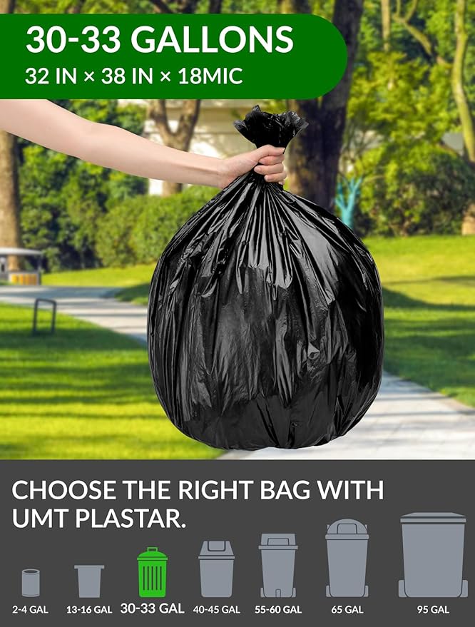 200 Count Heavy Duty Black Trash Bags 30-33 Gallon 32 x 38 Inch Large Garbage Bags 18 Micron Thick Strong Leak-Resistant Tall Kitchen &amp Outdoor Garbage Bags for Home Kitchen Office Lawn