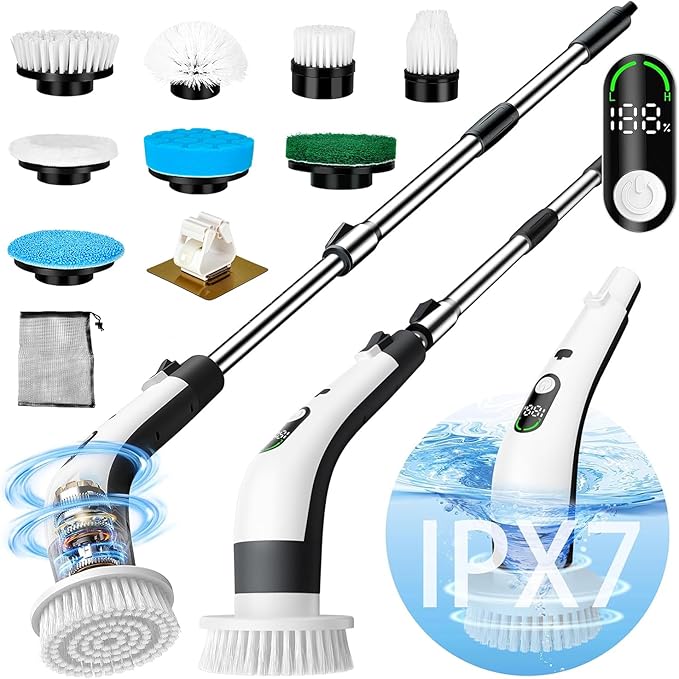 PUNOMO Electric Spin Scrubber 2026 Upgraded Cordless Cleaning Brush Bathroom Scrubber with 8 Replaceable Brush Heads Adjustable Long Handle Power Scrubber for Bathtub Shower Kitchen Floo