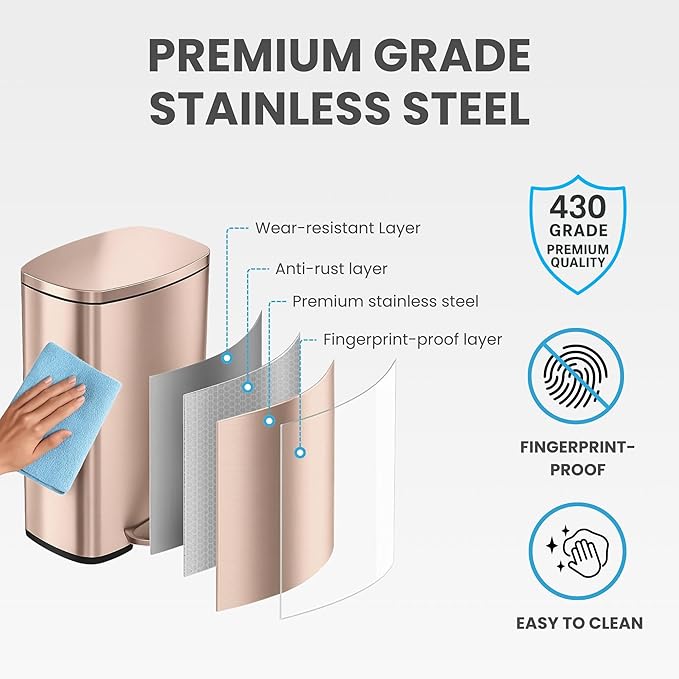 ITouchless SoftStep 13.2 Gallon Step Kitchen Trash Can with Lid and Odor Filter Rose Gold Stainless Steel 50 Liter Trashcan for Home Office Bedroom Garage Living Room Bathroom Slim Wastebasket