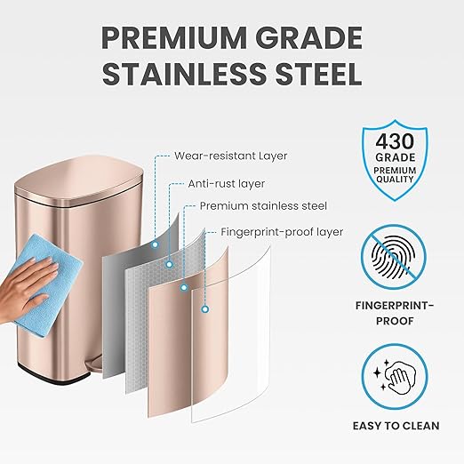 iTouchless SoftStep 13.2 Gallon Step Kitchen Trash Can with Lid and Odor Filter Stainless Steel Rose Gold 50 Liter Trashcan for Home Office Bedroom Garage Living Room Bathroom Slim Wastebasket
