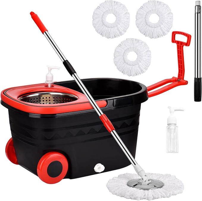 Spin Mop and Bucket with Wringer Set on Wheels 360° Spinning Mop Bucket System with 3 Microfiber Mop Replacement Heads and 61 Stainless Steel Adjustable Handle for Floor Cleaning (25QT)