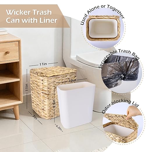 Wicker Trash Can and Handwoven Tissue Box Cover Set Rattan Waste Basket with Lid and Liner Boho Decorative Water Hyacinth Square Napkin Box Holder for Bathroom Bedroom Kitchen Living Room
