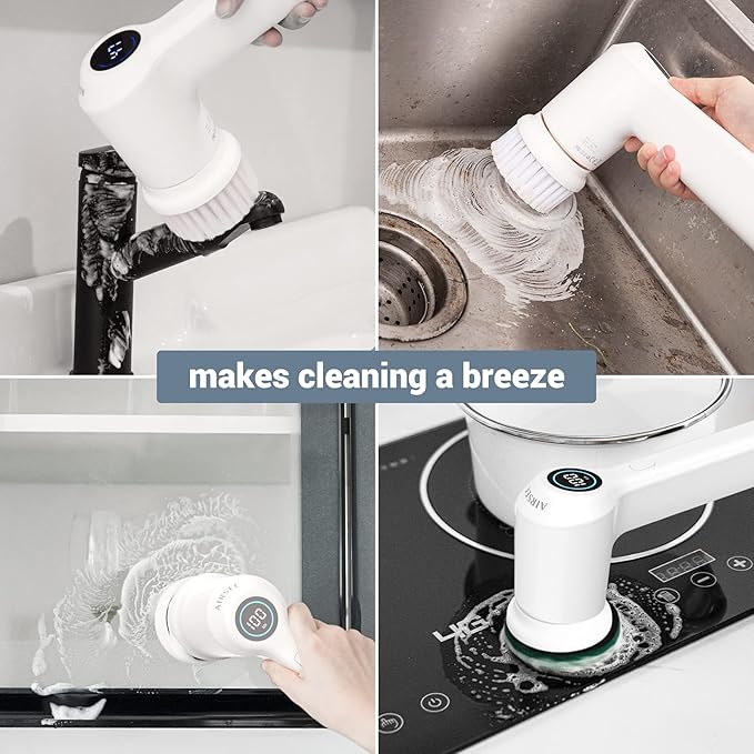 AIRSEE Electric Spin Scrubber Cordless Power Rotating Brush 2 Speeds 6 Replaceable Brush Heads Handheld Shower Bathroom Scrubber for Cleaning Floors Windows Bathtubs Tiles Sink Car