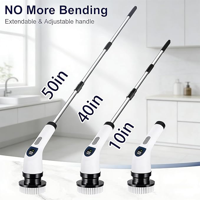 Electric Spin Scrubber for Cleaning Adjustable Shower Brush with 7 Replaceable Heads &amp Power LED Display 2 Speed Waterproof Cordless Shower Scrubber for Bathtub Kitchen Car White