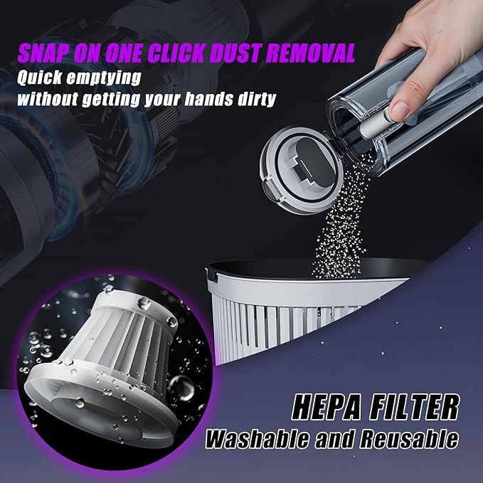 Handheld Car Vacuum Cordless Mini Vacuum Cleaner Rechargeable 16000Pa Hand Held Vacuum Cleaner Portable Small Vacuum with Multi-Nozzles Dust Duster for Car Home Office Pet (Silver Purple)