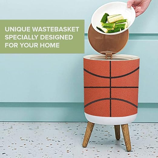 Small Trash Can with Lid Basketball Garbage Bin Round Waste Bin Press Cover Dog Proof Wastebasket for Kitchen Bathroom Living Room 1.8 Gallon