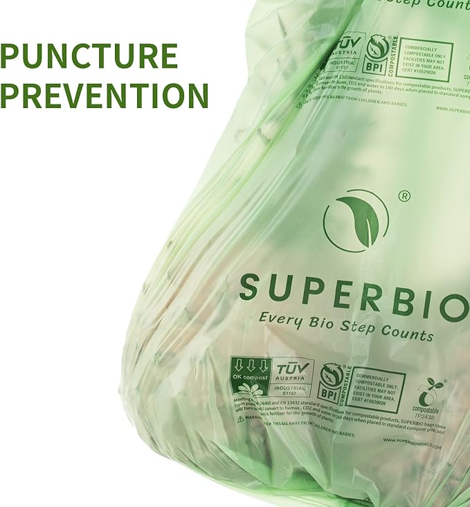 SUPERBIO 3 Gallon Compostable Food Waste Bags 80 Count Food Scrap Bags with Handles ASTM D6400 BPI and OK compost INDUSTRIAL