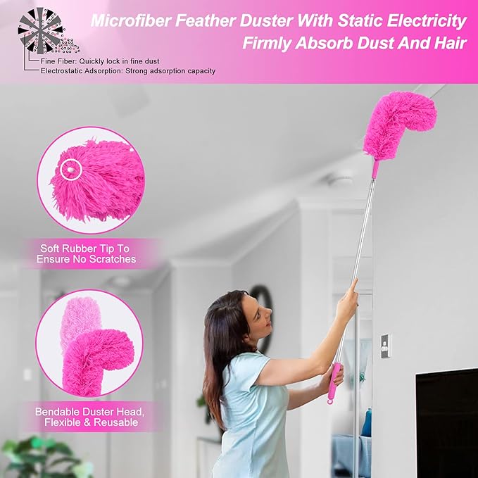 Microfiber Dusters for Cleaning Feather Dusters with Extension Pole Bendable &amp Washable Dusters for High Ceiling Fan Blinds Cars Furniture Cleaning Tools Kit Pink Gift for Women (15 PCS)