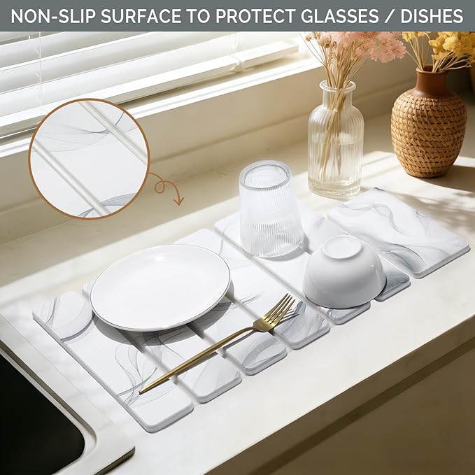 Small Stone Dish Drying Mat for Kitchen Counter 2 PCS 16×12 &amp 8x4 Quick Dry Stone Mats Foldable Water Absorbing Diatomaceous Earth Drying Dish Pad for Countertop Bottle Utensil Cup(White Gra