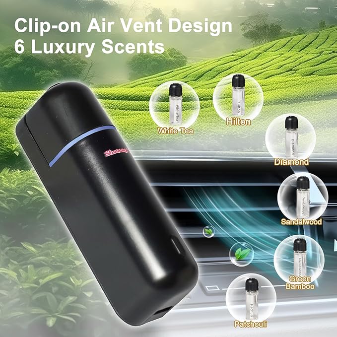 Car Air Freshener Diffuser Motion Sensor Waterless Essential Oil Diffuser for Car USB Rechargeable Air Freshener with 6 Refill Scents（Hilton/Sandwood/WhiteTea/Diamond/GreenBamboo/Pachuli