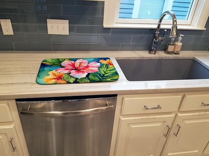 Caroline's Treasures DAC1644DDM Hawaii Hawaiian Hibiscus in Watercolor Dish Drying Mat Absorbent Dish Drying Mat Pad for Kitchen Counter Dish Drainer Mat for Countertop 14 x 21 Multicolor