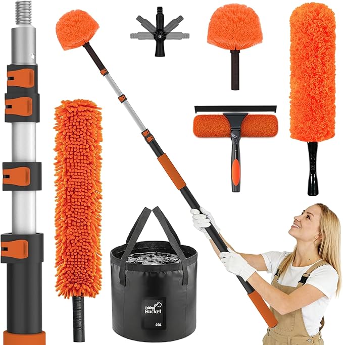 26FT High Reach Duster Cleaning Kit with Extension Pole High Ceiling Fan Cleaner Duster Tool for Fan Blades Window Washing Kit with Microfiber Feather Duster &amp Window Squeegee &amp Bucket