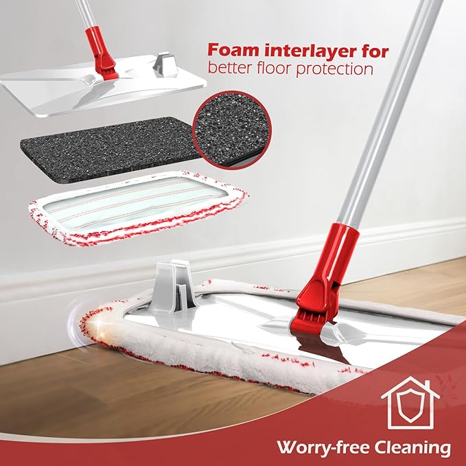 Masthome Extra Large Microfiber Mop for Floor Cleaning 16“ Flat Mop with 5 Pad for Wet &amp Dry Use Dust Mop for Hardwood Laminate Tile Ceramic 1 Cleaning Scraper Included-Red