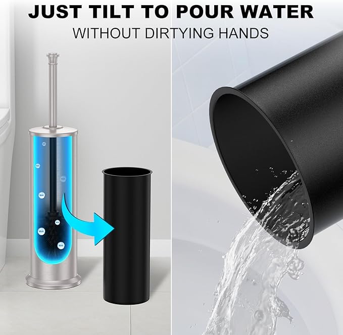Stain Nickel Toilet Brush and HolderExtra Long Handled Toilet Brush for BathroomStainless Steel Heavy Duty Toilet Bowl BrushRemovable Inner BowlDeep Cleaning Dense Bristles Brush -Space Saving