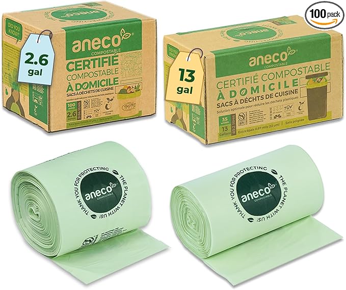 2.6 Gal (100 count) &amp 13 Gal (35 count) ANECO 100% Compostable Trash Bags Extra Thick Kitchen Compost Bags