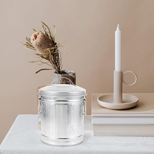 Mini Metal Trash can with Lid Bucket Shaped Small Wastebasket for Desktop Office Bedroom and Home Use Versatile Storage Barrel for Pens Flowers and Rubbish 7.48X5.70X5.11 Inches