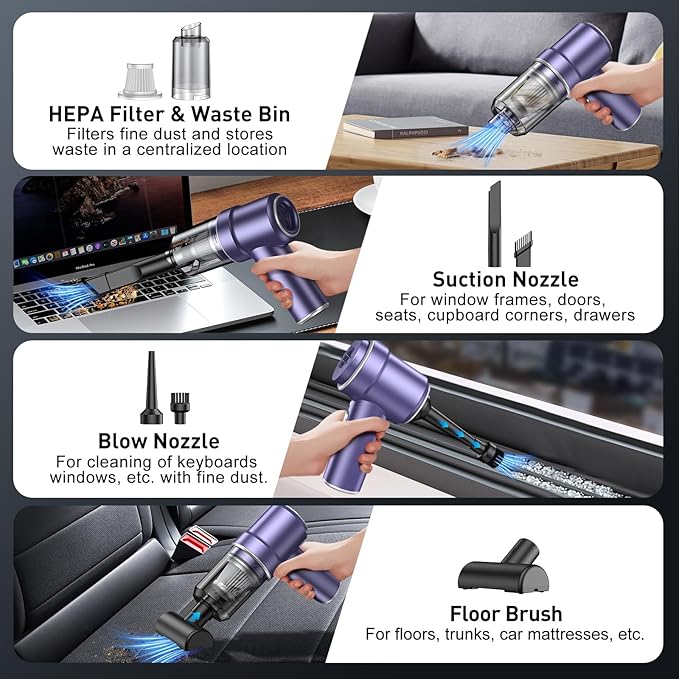 KMM Handheld Car Vacuum Cleaner 9000PA Vacuum Cleaner &amp Air Duster 120W High Power Vacuum Portable Cordless Hand Held Vacuum Rechargeable with Multi-Nozzles &amp LED Light for Home Car Offic