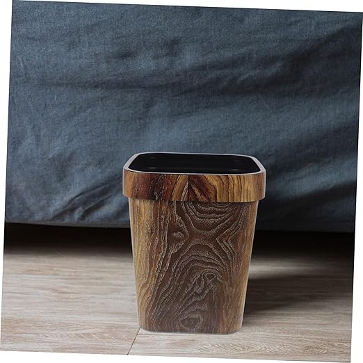 Square Trash Can with Faux Wood Grain Pattern Lidless Plastic Wastebasket with Removable Press Ring for Convenient Bag Attachment Rustic Vanity Waste Bin for Office Bedroom Kitchen