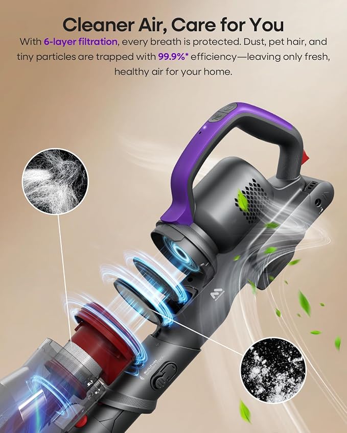 AlloyMove Cordless Vacuum Cleaner 45KPA Up to 60mins Runtime Lightweight Powerful Suction Vacuum Cleaners for Home 3 Suction Modes Rechargeable Stick Vacuum for All Floor/Carpet/Pet Hair/Car A03