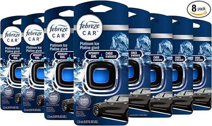 Febreze Car Vent Clip Air Freshener Odor Eliminator for Strong Odors Up to 30 Days Freshness Platinum Ice 8 Pack