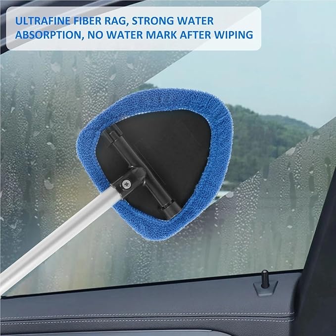 Car Windshield Cleaner Microfiber Car Window Cleaning Brush with Washable Pad Extendable Handle Interior Exterior(Rags-1)