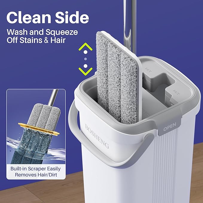 Mop and Bucket Set Flat Mops for Floor Cleaning Wall Mop with 60 Extensible Handle Hardwood Floor Mop with 4 Microfiber Pads