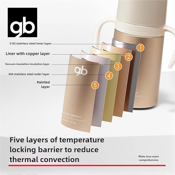 gb Ultra-Light Baby Stainless Steel Insulated Bottle with Breast-Like Pacifier 5-Layer Insulation Leak-Proof Vacuum Insulated Water Bottle with Handle 300ml for Infants &amp Toddlers