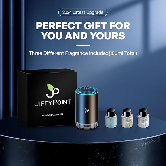 JiffyPiont Smart Car Air Freshener | Car Essential Oil Diffuser with 3 Fragrances (150ML Total) | Auto ON/OFF Car Diffuser | Star Projector | 7-Color Breathing Light | Long Life 450mAh Battery
